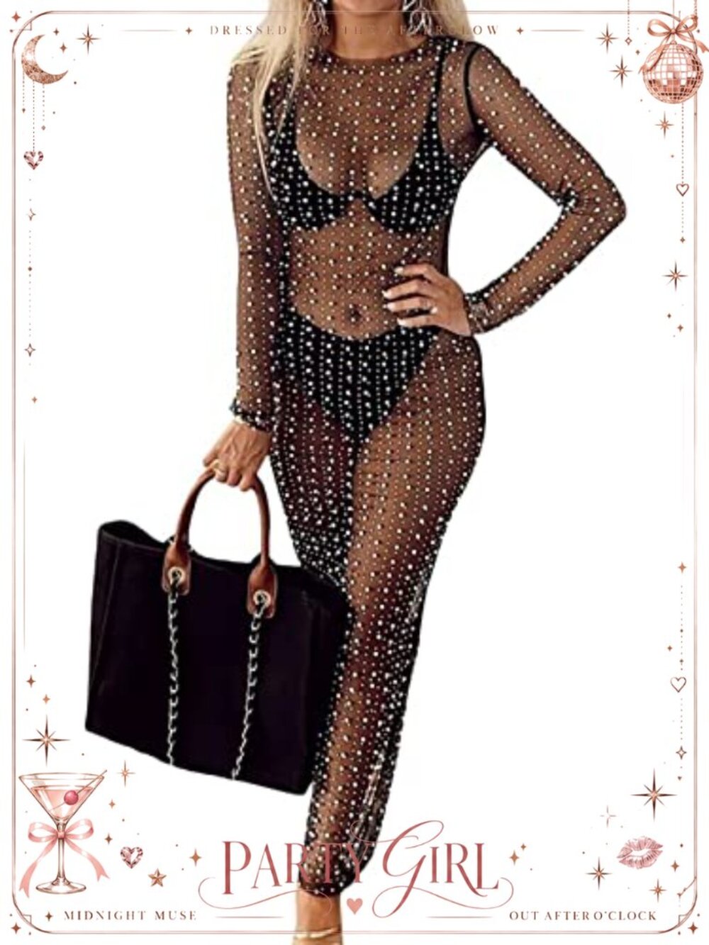 Sheer Mesh Pearl Rhinestone Cover Up Long Sleeve Swim Beach Dress